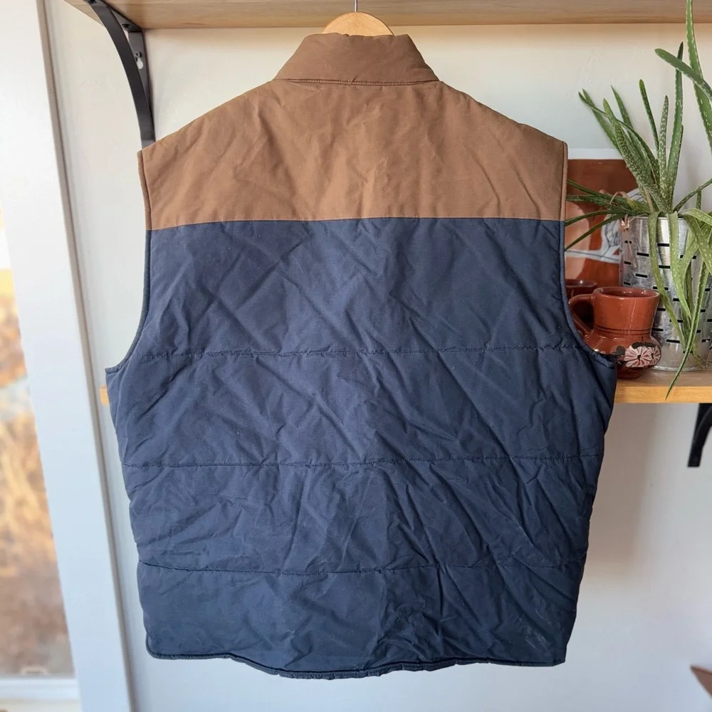 J. Crew Mercantile Navy Blue Brown Tan 2 Tone Cotton Puffer Fisherman Vest Sz XL